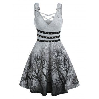 

Buckle Straps Grommet Tree Print Dress, Light gray