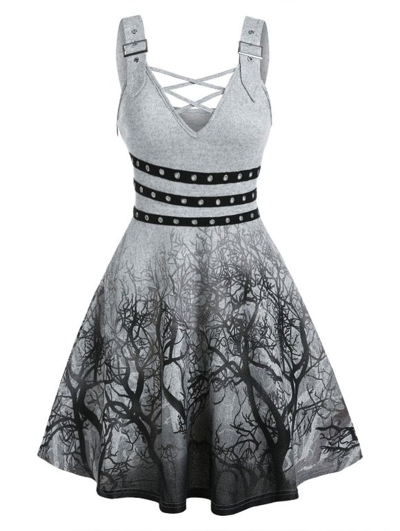 Buckle Straps Grommet Tree Print Dress - LIGHT GRAY XXXL