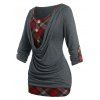 T-shirt à Carreaux Manches Roulées de Grande Taille à Col Bénitier - Gris 4X