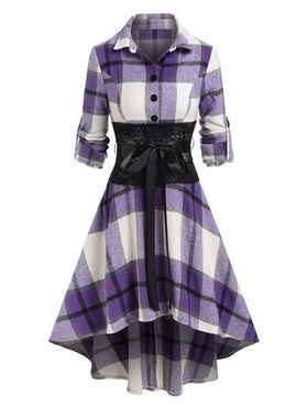 Plaid Print Lace Panel Belted High-low Dress
