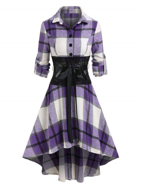 Plaid Print Lace Panel Belted High-low Shirt Dress