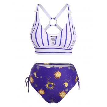 

Striped Sun Moon Star Print Cinched O Ring Tankini Swimwear, Deep blue