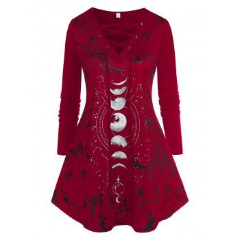 

Moon Printed Lace Up Front Plus Size Top, Red