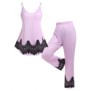 

Plus Size Lace Panel Tank Top and Pants Pajamas Set, Light pink