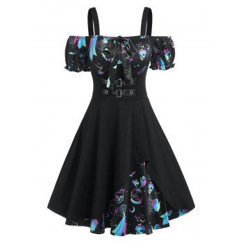 Halloween Cold Shoulder Bowknot Printed Dress, Black