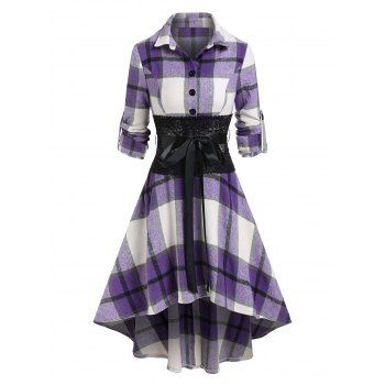 

Plaid Print Lace Panel Belted High-low Shirt Dress, Purple