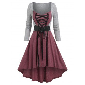 

Color Block Lace-up Faux Twinset High-low Dress, Deep red