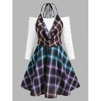 

Plaid Print Halter Faux Twinset Dress, Multicolor