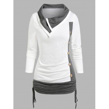 Color Block Mock Button Cinched T-shirt, White