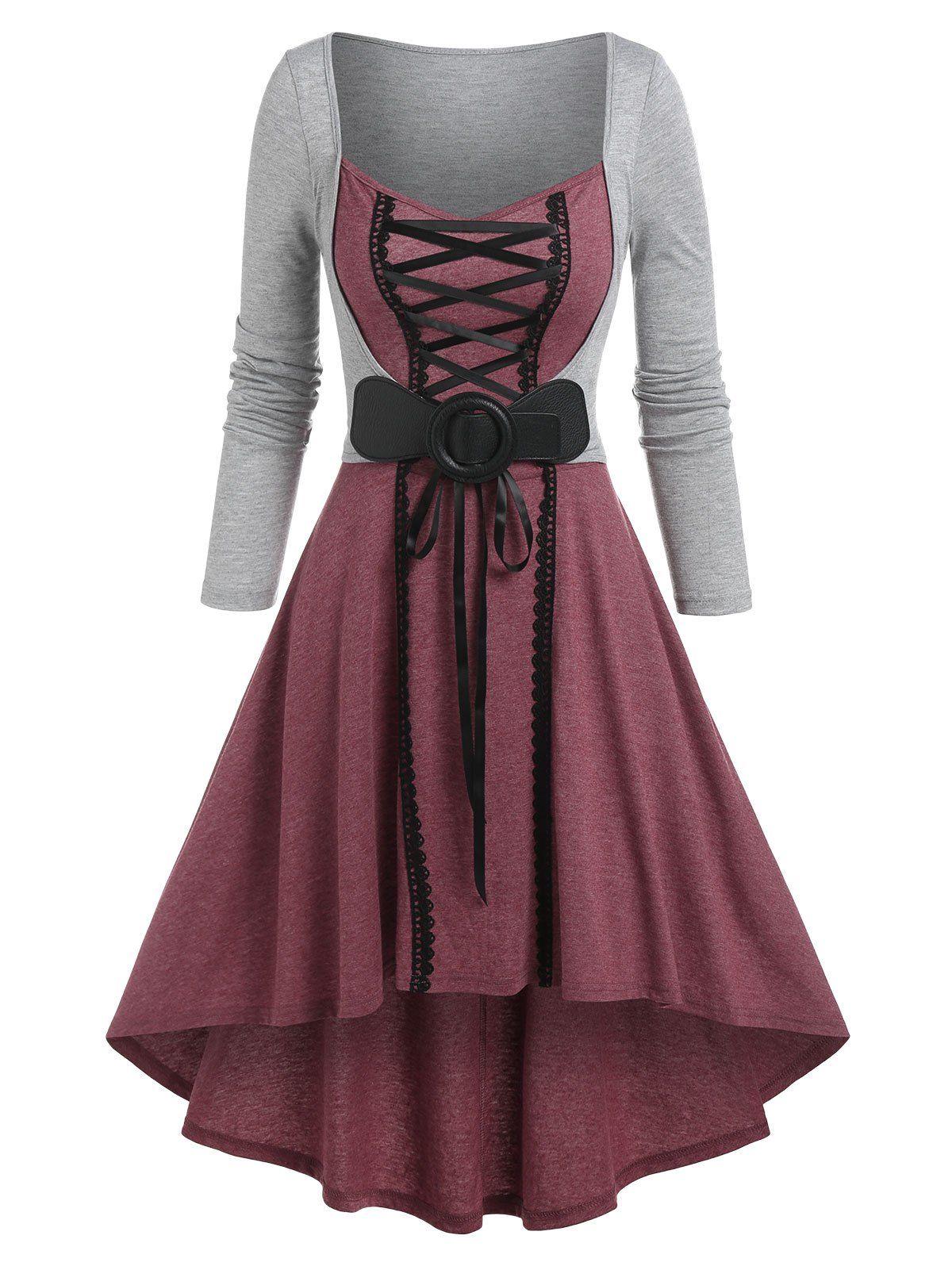 Color Block Lace-up Faux Twinset High-low Dress - DEEP RED M