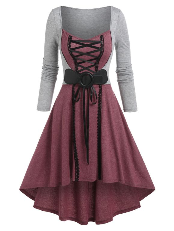 Color Block Lace-up Faux Twinset High-low Dress - DEEP RED XXL