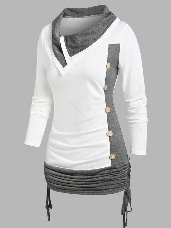 T-shirt Sanglé en Blocs de Couleurs avec Bouton - Blanc XXL