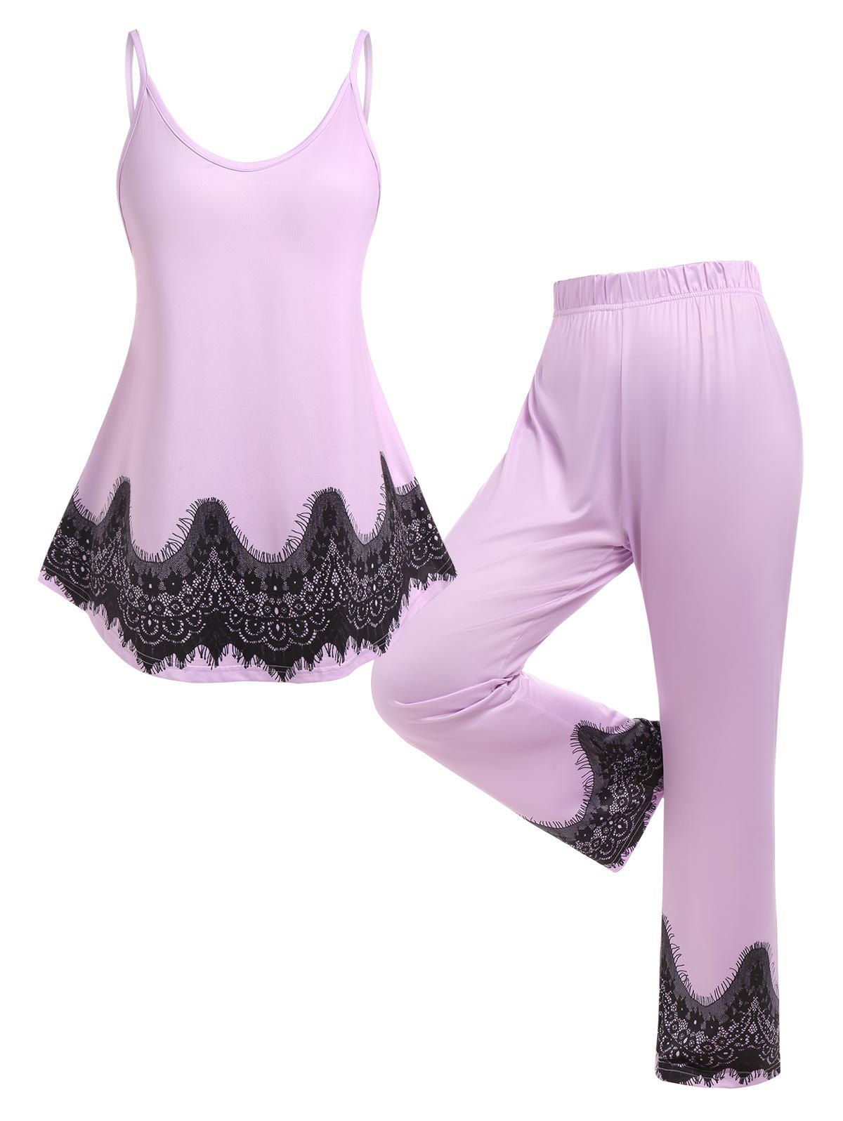 Plus Size Lace Panel Tank Top and Pants Pajamas Set - LIGHT PINK 4X