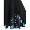 Halloween Cold Shoulder Bowknot Printed Dress - BLACK XXL