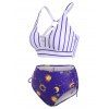 Striped Sun Moon Star Print Cinched O Ring Tankini Swimwear - DEEP BLUE XL