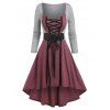 Color Block Lace-up Faux Twinset High-low Dress - DEEP RED XXL