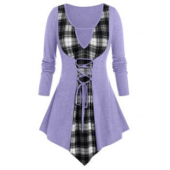 

Plus Size Plaid Lace Up Long Sleeve Keyhole Tee, Light purple