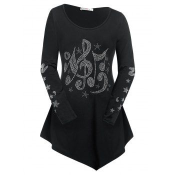 

Plus Size Musical Notes Pattern Rhinestone Irregular T-shirt, Black