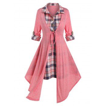 

Plaid Asymmetrical Roll Up Sleeve 2 In 1 Dress, Light pink