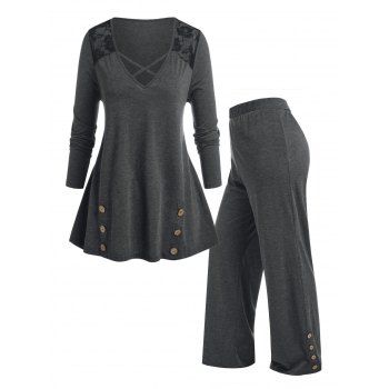 

Plus Size Lace Insert Criss Cross Pajama T-shirt and Pants Set, Dark gray