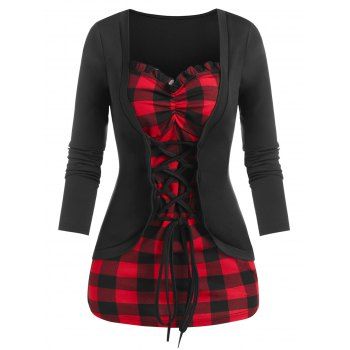 

Plaid Print Lace-up Faux Twinset T-shirt, Black