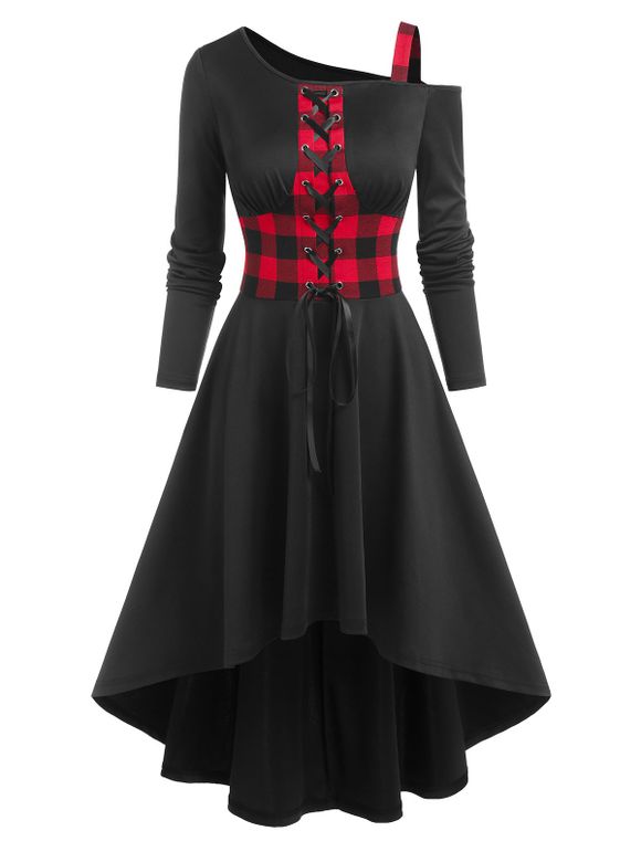 Robe Haute Basse Style Corset à Carreaux Imprimée à Lacets - Noir XL