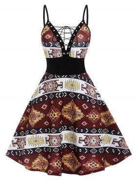Vintage Tribal Print Lace Up High Waisted Cami Flare Dress