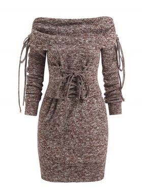 Off The Shoulder Lace-up Heathered Sweater Dress