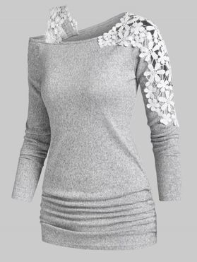 Flower Lace Insert Ruched Marled Sweater
