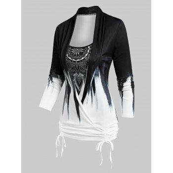 

Bohemian Flower Print Ombre Faux Twinset T-shirt, Black