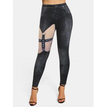 

High Waisted O-ring Strap 3D Print Jeggings, Black