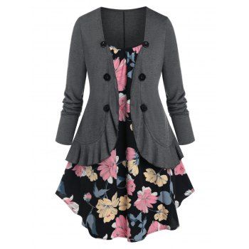 

Plus Size Flower Print Camisole with Ruffled Mock Button Top, Gray