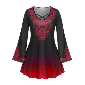 

Plus Size Retro Print Bell Sleeve Criss Cross Tee, Red