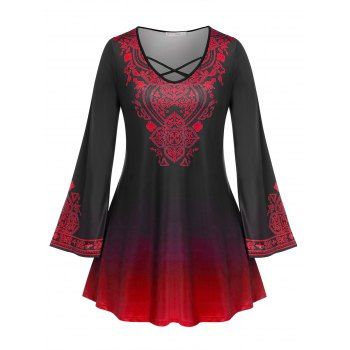 

Plus Size Retro Print Bell Sleeve Criss Cross Tee, Red