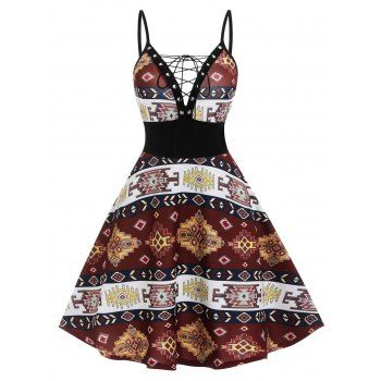 

Vintage Tribal Print Lace Up High Waisted Cami Flare Dress, Black