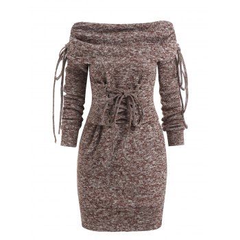 

Off The Shoulder Lace-up Heathered Sweater Dress, Light brown
