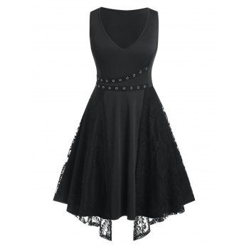 

Plus Size Grommet Lace Layered Flare Dress, Black