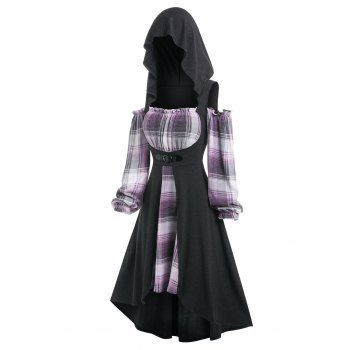 

Cold Shoulder Hooded Plaid Twofer Dress, Dark gray