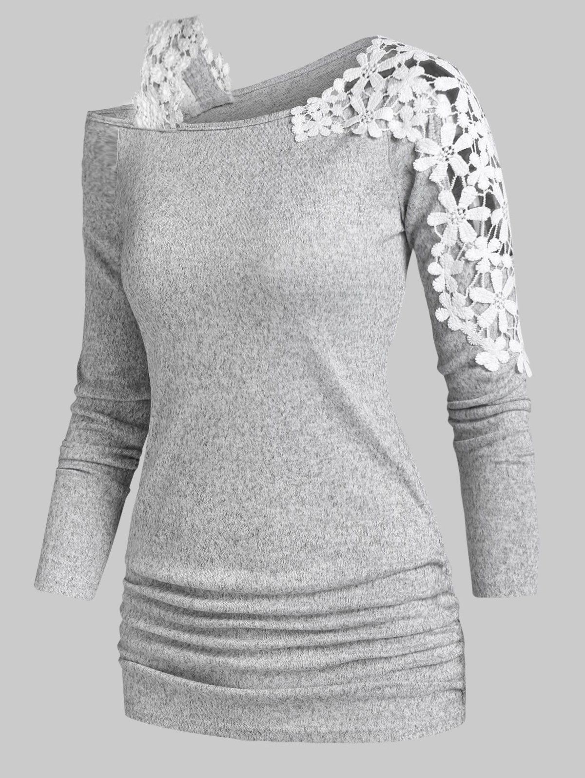 Flower Lace Insert Ruched Marled Sweater - LIGHT GRAY XXXL