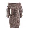 Off The Shoulder Lace-up Heathered Sweater Dress - LIGHT BROWN XXL