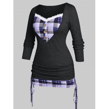 

Plus Size Plaid Cinched 2 in 1 T-shirt, Gray