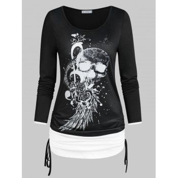 Skull Print Cinched Halloween T-shirt, Black