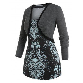 

Plus Size Open Front Crop Top with Baroque Skull Print Tank Top, Black