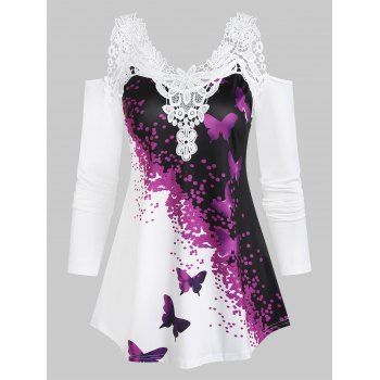 

Cold Shoulder Butterfly Print Lace Insert T-shirt, Purple