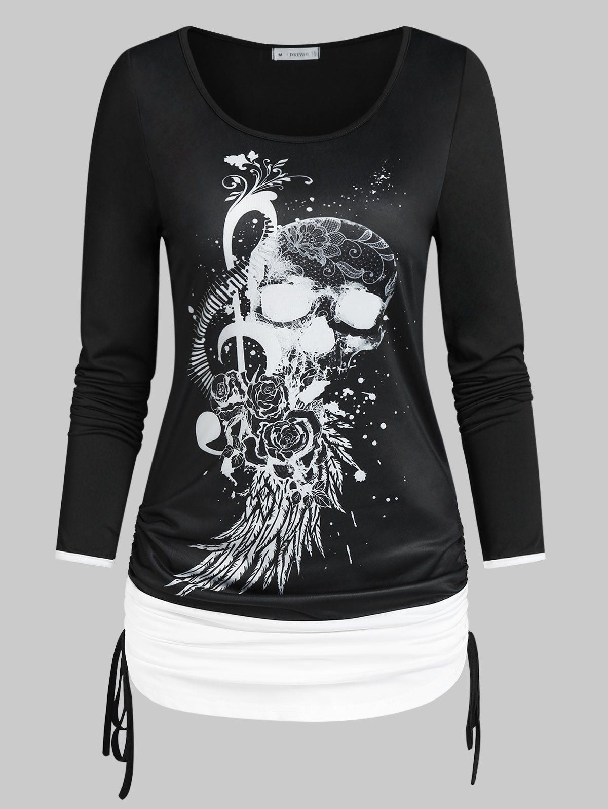 Skull Print Cinched Halloween T-shirt - BLACK XXL