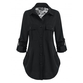 

Lace Insert Back Button Pockets Blouse, Black