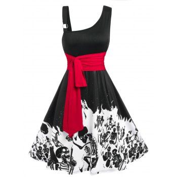 

Skeleton Print Skew Neck Halloween Dress, Black