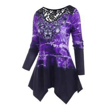 

Lace Insert Flower Tie Dye Handkerchief T Shirt, Purple