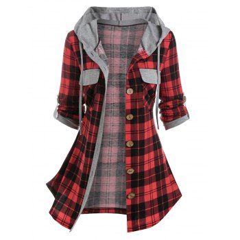

Plaid Print Hooded Double Pockets Shirt, Multicolor