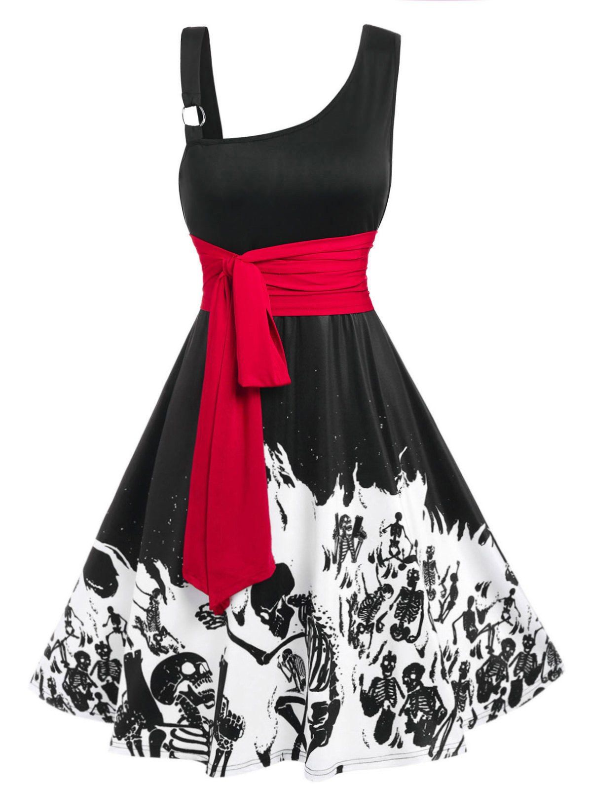 Skeleton Print Skew Neck Halloween Dress - BLACK XXL